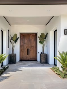 the front entrance to a house with potted plants on either side and large wooden door