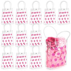 pink and white polka dot bags with handles for party favors or birthdays, set of 12