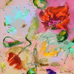 an abstract painting with red flowers and green leaves