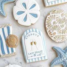 decorated cookies are laid out on a table