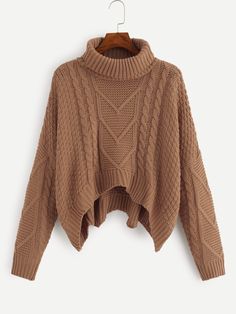 Mixed Knit Asymmetrical Hem Sweater Camel Casual  Long Sleeve Fabric Plain Pullovers Slight Stretch Fall/Winter Women Clothing, size features are:Bust: ,Length: ,Sleeve Length: Cropped Pullover, Pullover Outfit, Cozy Knit Sweater, Hem Sweater, Thick Sweaters, Knitting Women, Asymmetrical Hem, Rock Style, Knitwear Women