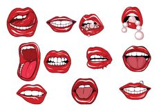 red lips with different expressions and teeth