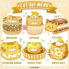 some cartoon cats with different kinds of food in them's mouths and faces,