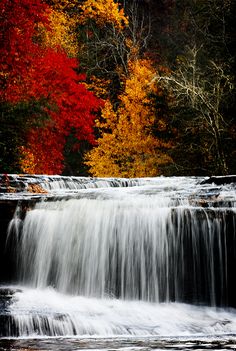 a waterfall in the middle of fall with colorful trees around it and water running over rocks