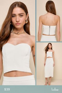 You'll be the best-dressed babe at the soiree in the Lulus Chic Invite Cream Strapless Bustier Crop Top! Lightweight woven twill shapes this chic top with a strapless, sweetheart neckline (with hidden no-slip strips) and a cropped bodice with a bustier-style silhouette and stylish seam details. Exposed zipper at back. Pair with the matching skirt for a complete look! Fit: This garment fits true to size. Length: Size medium measures 10.5" from top to bottom. Bust: Great for any cup size. Waist: F Fitted Crop Top With Built-in Bra For Party, Chic Bandeau Corset With Built-in Bra, Elegant Corset With Built-in Bra Crop Top, Elegant Summer Tube Top With Built-in Bra, Elegant Fitted Bandage Crop Top, Sleeveless Party Crop Top With Boned Bodice, Chic Bandeau Tube Top With Boned Bodice, Sleeveless Boned Bodice Crop Top For Party, Elegant Crop Top With Corset Back For Night Out