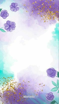 purple flowers and gold glitters on a blue sky with white clouds in the background