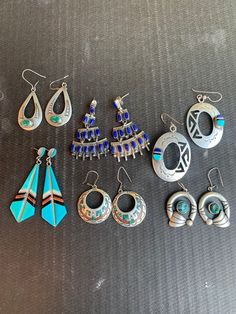 Beautiful vintage, authentic Native American Sterling Silver jewelry, from earrings to bracelets, necklaces, beads, watches, pendants, button covers and plenty more! I have a collection of a variety of jewelry that I inherited from my sister, who loved Native American jewelry with a passion. Many of the pieces are from trading posts from around the country. Turquoise, Lapis, Coral, Jet, Amethyst are some of the stones used, inlaid with expertise and precision. I have too many to show each indivi Costume Jewelry Round Earrings Gift, Round Costume Jewelry Earrings Gift, Multicolor Round Collectible Jewelry, Vintage Sterling Silver Dangle Jewelry, Vintage Collection Dangle Jewelry With Matching Earrings, Vintage Pierced Drop Earrings, Handmade Costume Drop Earrings, Vintage One-of-a-kind Dangle Jewelry, Handmade Round Beads Costume Jewelry Earrings