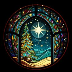 a stained glass window with a star in the sky and trees on it's side