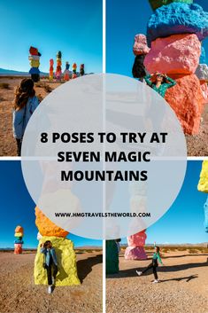 several different images with the words 8 poses to try at seven magic mountains in front of them