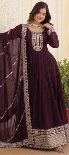 Purple and Violet color Gown in Faux Georgette fabric with Embroidered, Sequence work Wine Gown, Punjabi Wedding Dress, Wedding Dresses Pakistani, Gown With Dupatta, Party Wear Lehenga Choli, Party Wear Gown, Bollywood Lehenga, Embroidered Dupatta, Party Wear Lehenga