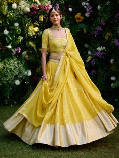 Illuminate the occasion in this daffodil yellow chanderi jacquard lehenga, adorned with enchanting lurex patchwork and intricate thread embroidery. Paired gracefully with an organza dupatta, this ensemble exudes elegance and charm. Crafted with meticulous attention to detail, it's the perfect choice for those seeking to make a radiant statement at any special occasion. Lavender Yellow Outfit, Pastel Yellow Lehenga, Pastel Lehenga Simple, Simple Lengha Design, Yellow Outfit For Haldi Function, Pastel Lavender Lehenga, Sreeja Wedding, Lahanga Design Latest, Yellow Half Saree