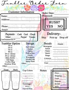 a printable order form with flowers and drinks on the front, in black ink