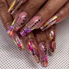 Caribbean Carnival Nails Designs, Dope Nail Designs Coffin, Foil Design Nails, Nail Art With Foil, Foil Nails Designs, Crazy Nail Art Unique, Foil Nail Art Designs Ideas, Nail Foil Designs Ideas, Chrome Coffin Nails