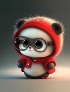 a little panda bear wearing glasses and a red hat