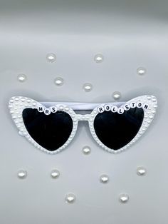 The perfect gift for any soon to be bride!  These custom sunglasses are a cute way to show off your new last name and then keep as a memory from your wedding or honeymoon! White Heart Sunglasses Wedding, Heart-shaped Wedding Sunglasses For Summer, White Heart-shaped Sunglasses For Valentine's Day, Bridal Heart Sunglasses, Heart-shaped Sunglasses With Heart Print, Custom Sunglasses, Heart Shaped Sunglasses, Wedding Favors, Heart Shapes