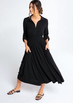 Dakota Midi Shirt Dress Black Dress For Office, Long Flowy Black Dress, Amazing Dresses, Romper And Jacket, Linen Midi Dress, Belted Shirt Dress, Rolled Sleeves, Dinner Dress, Button Top