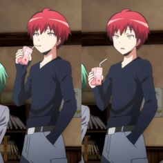 anime character with red hair holding a drink and looking at another person's cell phone