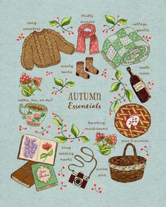 the autumn essentials are arranged in a circle with leaves and flowers around it, including boots, sweaters, gloves, coffee mugs, books