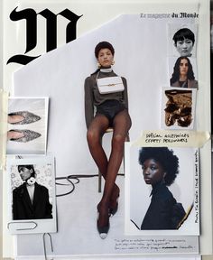 a woman sitting on top of a magazine cover with pictures and words around her ankles