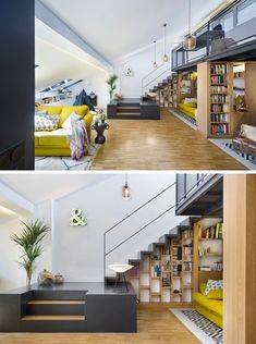 two pictures of a living room with stairs and bookshelves