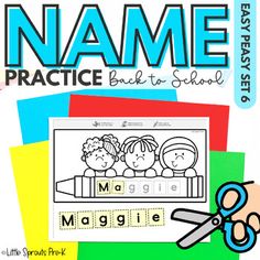 a book cover with scissors and children's pictures on it that says name practice back to school