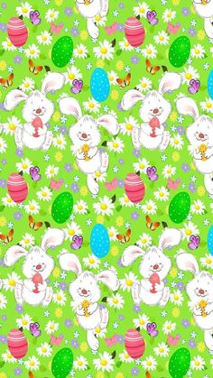 an easter bunny pattern with eggs and flowers on green background, suitable for wallpaper or fabric