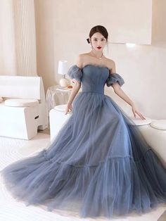 Blue Off-shoulder Ball Gown For Prom, Off-shoulder Tulle Prom Dress, Blue Off-shoulder Prom Evening Dress, Blue Off-shoulder Evening Dress For Prom, Prom Dress Blue, Blue Evening Dress, A Line Prom Dress, Marine Uniform, Blue Evening Dresses