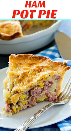 ham pot pie on a plate with a fork