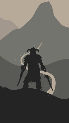 the silhouette of a man with two swords on top of a hill in front of mountains