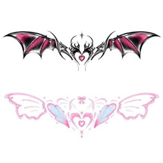 two different types of tattoos with wings and hearts on each side, one is pink