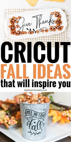 a white plate topped with nuts next to a metal bucket filled with peanuts and the words, cricut fall ideas that will inspire you