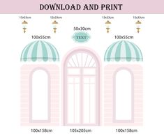 the size and measurements of a pink building with two arched windows, one on each side