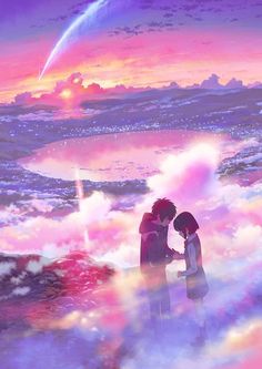 two people standing in the clouds looking at each other with a rainbow colored sky behind them