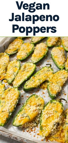 Vegan Jalapeño Poppers are an easy-to-make vegan appetizer loaded with cream cheese, cheddar, chives, and topped with panko breadcrumbs (all vegan and plant-based of course!). All you have to do is mix the filling, load the jalapeño halves and bake for the most delicious appetizer or snack ever! Air fryer instructions also included.  Vegan party food recipes, vegan snack recipes, vegan appetizer recipes, easy vegan recipes, spicy vegan recipes. Vegan Thanksgiving Appetizers, Vegan Christmas Appetizers, Vegan Snacks For Party, Vegan Jalapeno Poppers, Spicy Vegan Recipes, Veg Appetizers