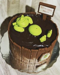 there is a chocolate cake with green decorations on it