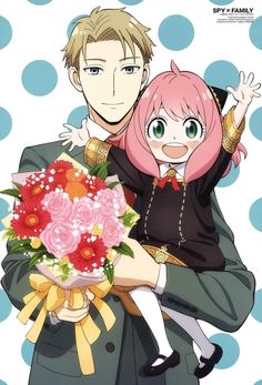 two anime characters are hugging each other with flowers in front of their faces and the caption says happy family