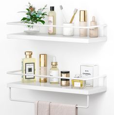 two white shelves filled with personal care items