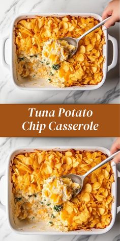 two images showing how to make tuna potato chip casserole