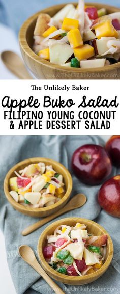 two wooden bowls filled with fruit salad next to an apple and another bowl full of food