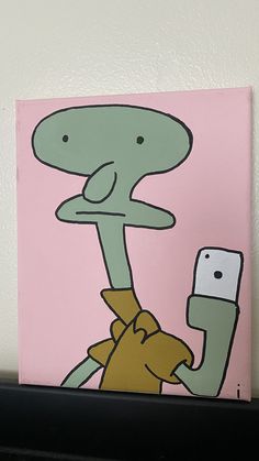 a painting of a cartoon character holding a cell phone in his right hand, on a shelf