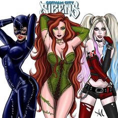 three women dressed up in costumes, one wearing a catwoman costume and the other an evil woman