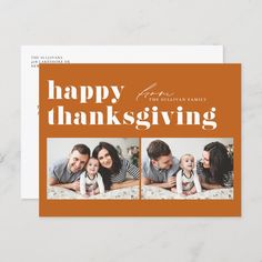 an orange thanksgiving card with the words happy thanksgiving and two pictures of people on it