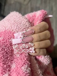 Pink Nails With Charms Y2k, Nails Acrylic Inspo Long, Pink Dramatic Nails, Coquette Nails Long, Coquette Nails Pink Bow, Coquette Nail Inspo Square, Pink Girly Nails Acrylic, Coquette Bow Nails, Pink Nails Quince