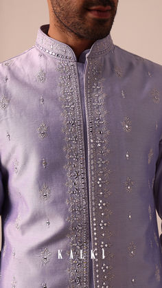 Embrace regal charm at Sangeet with our Majestic Purple Cotton Silk Jacket Kurta Set.
It features intricate embroidery work on the jacket with thread and mirror detailing.
This set includes one jacket kurta and bottom.
The set offers a perfect blend of comfort and style suitable for all shoppers. Kurta Set For Men, Mens Kurta, Colour Theme, Purple Jacket, Silk Jacket, Wallpaper Decor