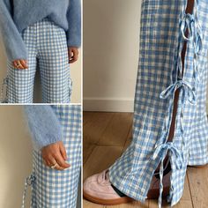 the legs and ankles of a woman wearing blue plaid pants with ties on them, both showing