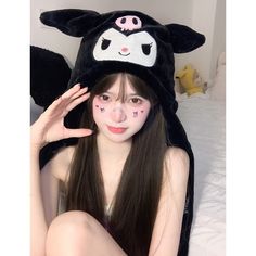 Material: Fleece fiber Color: Black kuromi *Ears are movable. Cinnamoroll Hat, Black Kuromi, Sanrio Fashion, Lyna Youtube, Cute Stockings, Kuromi Cinnamoroll, Hoodie Jumper, Purple Plaid, Ear Hats