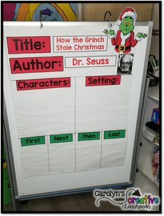 a bulletin board with the words title, author and characters in green letters on it