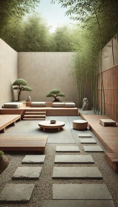 an outdoor room with bamboo trees and benches