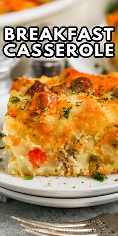 a close up of a plate of food with the words breakfast casserole on it