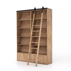 a wooden bookcase with two ladders on the top and bottom shelves, against a white background